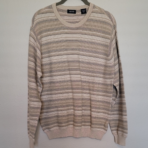 Y2K IZOD Men Chunky Knit Sweater Size L Crewneck Old Money Academia Grandpa Tan - Picture 1 of 13